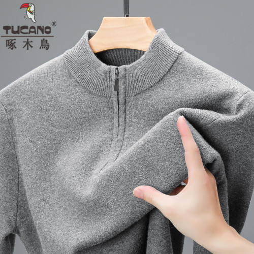 啄木鳥冬季羊毛衫男士加厚中年拉鍊半高領毛衣爸爸羊毛針織打底衫