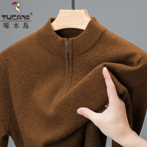 啄木鳥冬季羊毛衫男士加厚中年拉鍊半高領毛衣爸爸羊毛針織打底衫