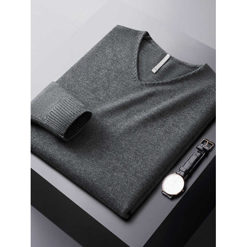 羅矇輕奢秋冬雙色紗V領毛衣男修身內搭純色休閒針織打底衫