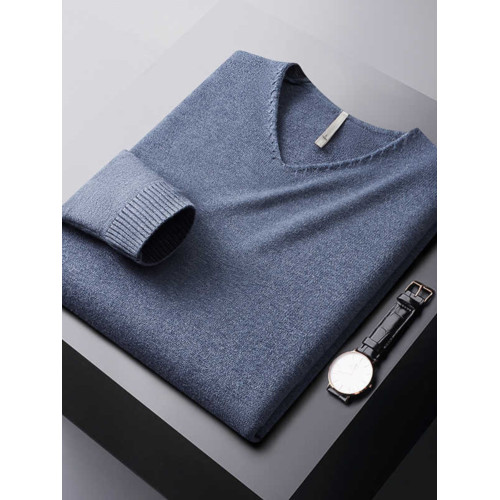 羅矇輕奢秋冬雙色紗V領毛衣男修身內搭純色休閒針織打底衫