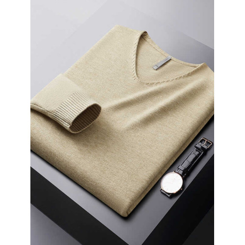 羅矇輕奢秋冬雙色紗V領毛衣男修身內搭純色休閒針織打底衫