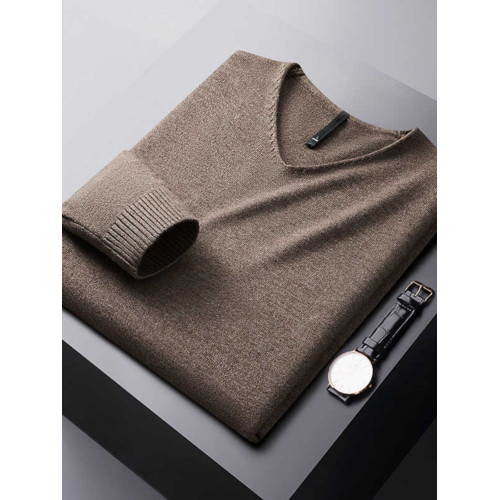 羅矇輕奢秋冬雙色紗V領毛衣男修身內搭純色休閒針織打底衫