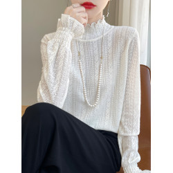 時髦洋氣木耳領花邊針織衫女春秋冬薄款精仿半高領毛衣打底衫內搭