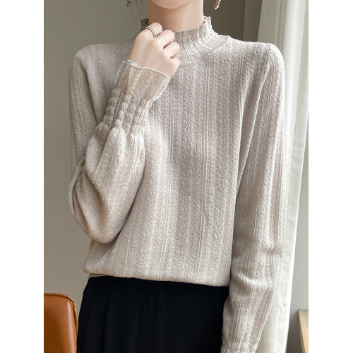 時髦洋氣木耳領花邊針織衫女春秋冬薄款精仿半高領毛衣打底衫內搭