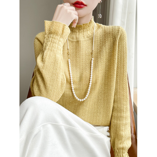 時髦洋氣木耳領花邊針織衫女春秋冬薄款精仿半高領毛衣打底衫內搭