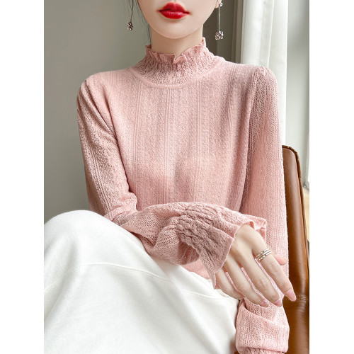 時髦洋氣木耳領花邊針織衫女春秋冬薄款精仿半高領毛衣打底衫內搭