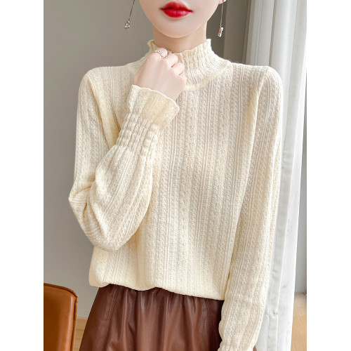 時髦洋氣木耳領花邊針織衫女春秋冬薄款精仿半高領毛衣打底衫內搭