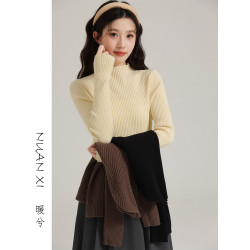 暖兮NUANXI 半高領條紋針織衫女2025春裝修身內搭毛衣套頭打底衫