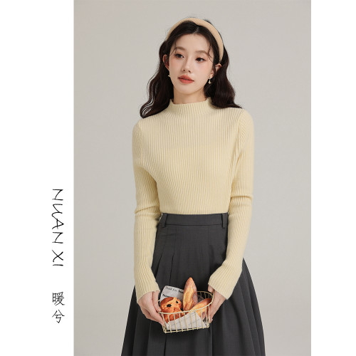 暖兮NUANXI 半高領條紋針織衫女2025春裝修身內搭毛衣套頭打底衫