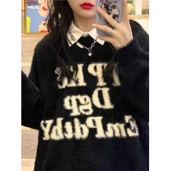 美式字母水貂絨毛衣女秋冬季高中初中學生大童女孩加絨加厚打底衫