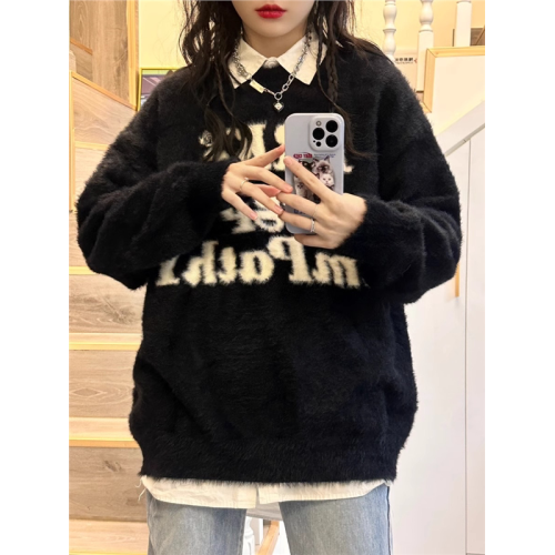 美式字母水貂絨毛衣女秋冬季高中初中學生大童女孩加絨加厚打底衫