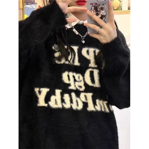 美式字母水貂絨毛衣女秋冬季高中初中學生大童女孩加絨加厚打底衫