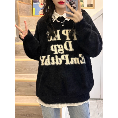 美式字母水貂絨毛衣女秋冬季高中初中學生大童女孩加絨加厚打底衫