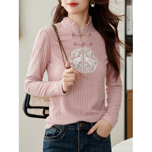 新中式國風盤釦內搭上衣女秋冬2025新款長袖加絨保暖蕾絲打底小衫