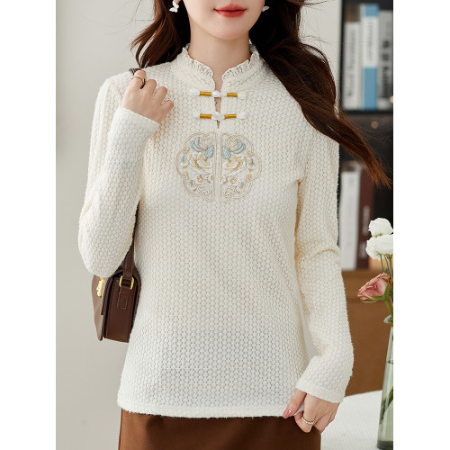 新中式國風盤釦內搭上衣女秋冬2025新款長袖加絨保暖蕾絲打底小衫