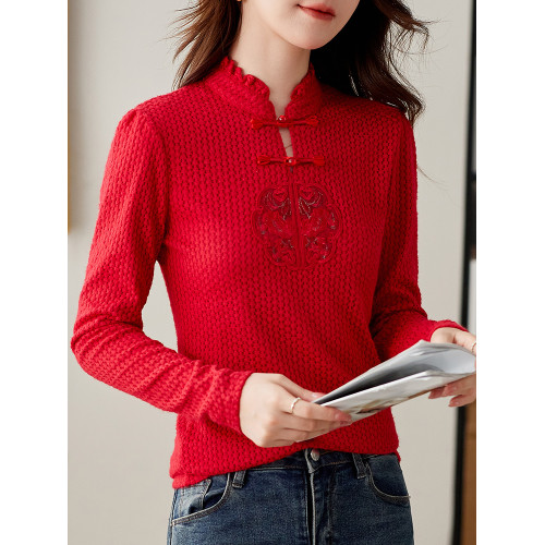 新中式國風盤釦內搭上衣女秋冬2025新款長袖加絨保暖蕾絲打底小衫