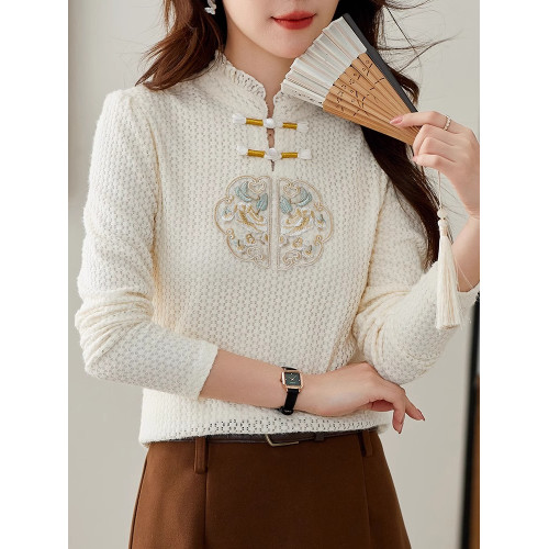 新中式國風盤釦內搭上衣女秋冬2025新款長袖加絨保暖蕾絲打底小衫