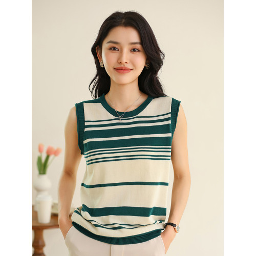 100%純棉背心女低圓領夏季新款無袖條紋針織衫寬松顯瘦上衣打底衫