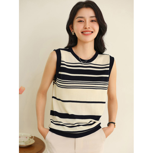 100%純棉背心女低圓領夏季新款無袖條紋針織衫寬松顯瘦上衣打底衫