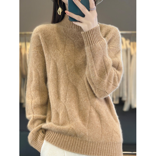 絞花加厚保暖羊絨毛衣女秋冬新款半高領套頭慵懶羊毛針織打底衫潮