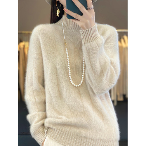 絞花加厚保暖羊絨毛衣女秋冬新款半高領套頭慵懶羊毛針織打底衫潮