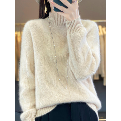 絞花加厚保暖羊絨毛衣女秋冬新款半高領套頭慵懶羊毛針織打底衫潮