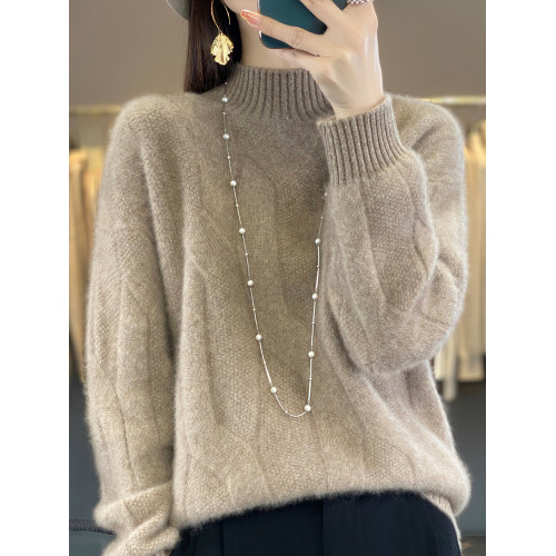 絞花加厚保暖羊絨毛衣女秋冬新款半高領套頭慵懶羊毛針織打底衫潮