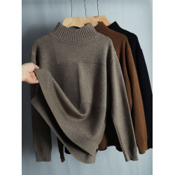 春季寬松大碼顯瘦針織衫毛衣女半高領長袖套頭上衣開叉遮肚打底衫