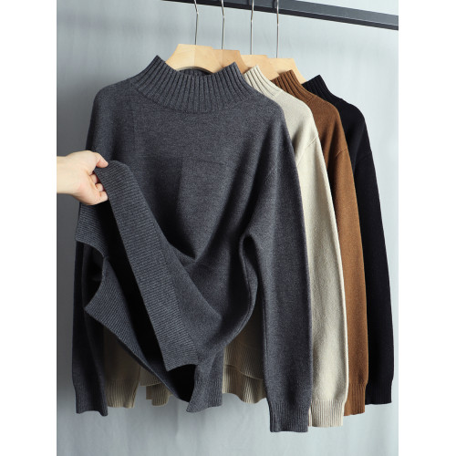 春季寬松大碼顯瘦針織衫毛衣女半高領長袖套頭上衣開叉遮肚打底衫