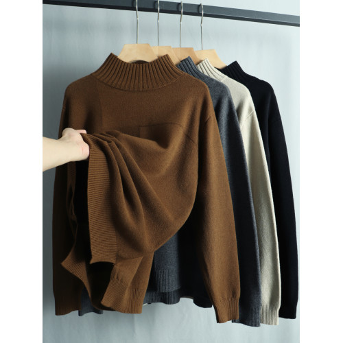 春季寬松大碼顯瘦針織衫毛衣女半高領長袖套頭上衣開叉遮肚打底衫