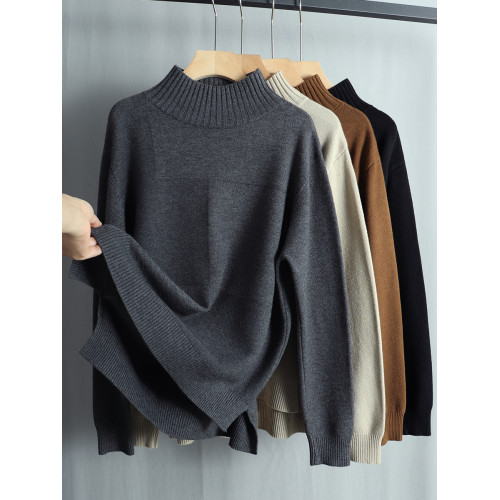 春季寬松大碼顯瘦針織衫毛衣女半高領長袖套頭上衣開叉遮肚打底衫