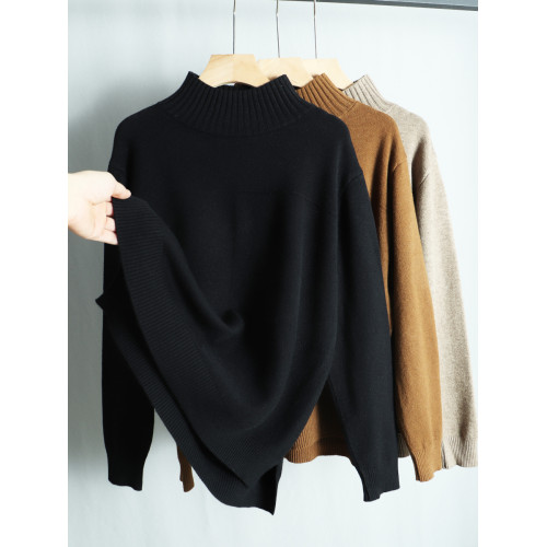 春季寬松大碼顯瘦針織衫毛衣女半高領長袖套頭上衣開叉遮肚打底衫