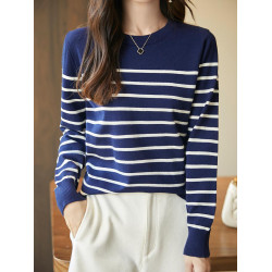 減齡好搭條紋針織打底衫女圓領寬松顯瘦長袖秋冬拼色休閒毛衣內搭