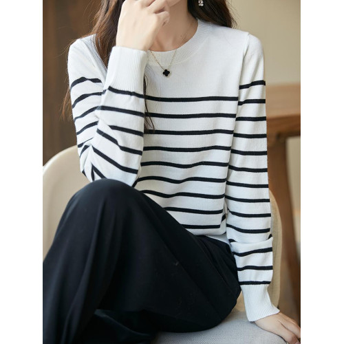 減齡好搭條紋針織打底衫女圓領寬松顯瘦長袖秋冬拼色休閒毛衣內搭