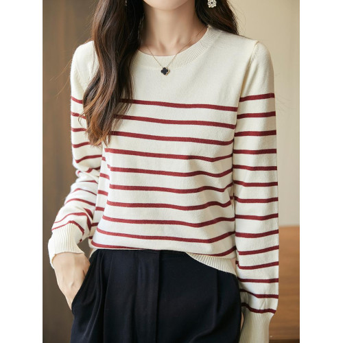 減齡好搭條紋針織打底衫女圓領寬松顯瘦長袖秋冬拼色休閒毛衣內搭