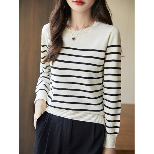減齡好搭條紋針織打底衫女圓領寬松顯瘦長袖秋冬拼色休閒毛衣內搭