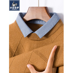 約旦保羅假兩件襯衫領毛衣男秋冬季男士長袖紅色本命年針織打底衫