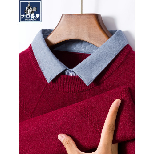 約旦保羅假兩件襯衫領毛衣男秋冬季男士長袖紅色本命年針織打底衫