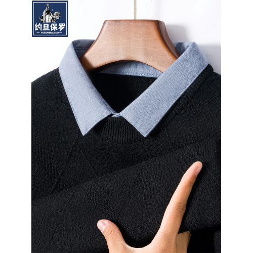 約旦保羅假兩件襯衫領毛衣男秋冬季男士長袖紅色本命年針織打底衫