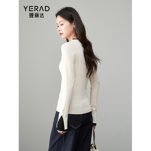 婭麗達撞色假兩件針織衫女羊毛衫2025春新款上衣套頭打底衫薄毛衣