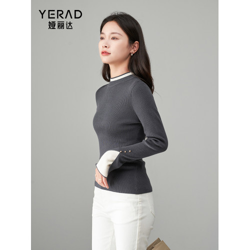 婭麗達撞色假兩件針織衫女羊毛衫2025春新款上衣套頭打底衫薄毛衣