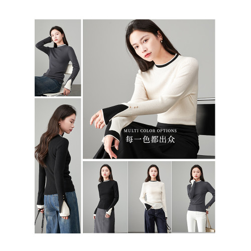 婭麗達撞色假兩件針織衫女羊毛衫2025春新款上衣套頭打底衫薄毛衣