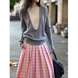 Basic House/百家好撞色假兩件針織衫女100%羊毛衫秋季打底衫毛衣