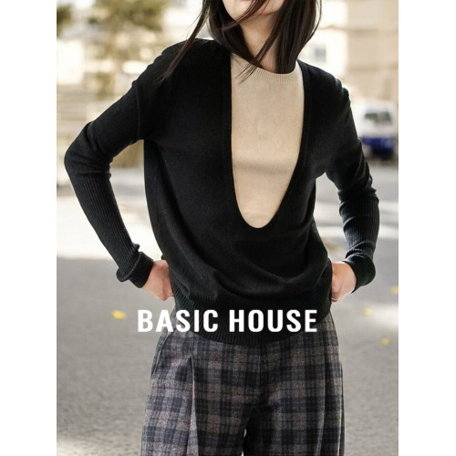 Basic House/百家好撞色假兩件針織衫女100%羊毛衫秋季打底衫毛衣