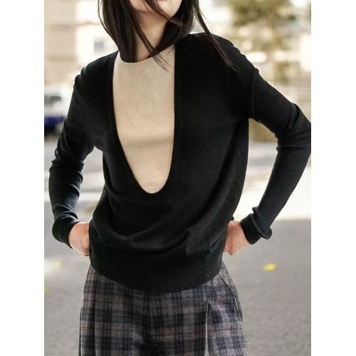 Basic House/百家好撞色假兩件針織衫女100%羊毛衫秋季打底衫毛衣