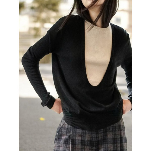 Basic House/百家好撞色假兩件針織衫女100%羊毛衫秋季打底衫毛衣