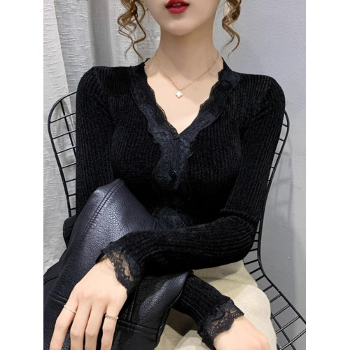 天鵞絨蕾絲花邊V領打底衫女春秋新款黑色毛衣洋氣修身針織衫上衣