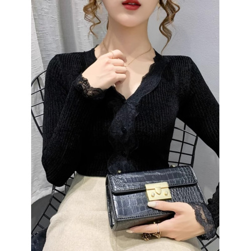 天鵞絨蕾絲花邊V領打底衫女春秋新款黑色毛衣洋氣修身針織衫上衣