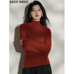 Basic House/百家好高領打底衫女裝秋季綿羊毛針織衫修身紅色上衣