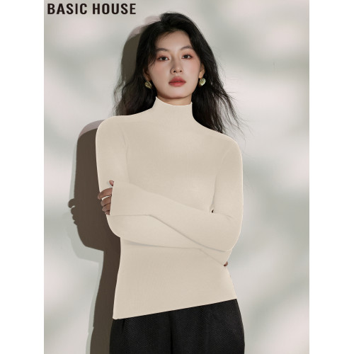 Basic House/百家好高領打底衫女裝秋季綿羊毛針織衫修身紅色上衣